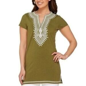 C Wonder Woman 1X Embroidered Neckline and Yolk Olive Bohemian Stretchy Tunic